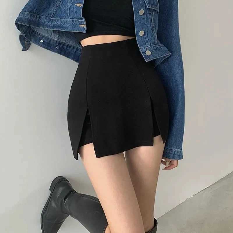 Women Sexy Irregular Short Skirt Black Split Korean High Waist Office Ladies Hip Wrap Skirt Fashion Solid A Line Mini Skirt NewXJ241221