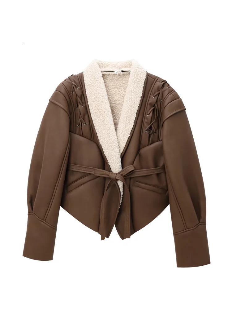 TRAF Womens Fur One Warm Suede Jacket Autumn and Winter High Street Vintage Long Sleeve Belted n Womenswear 241216