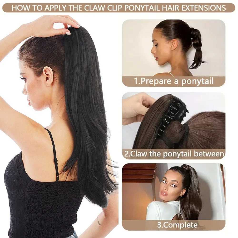 Synthetic Claw Clip On Ponytail Extensions 18Inch Long Natural Wavy Horse Tail Blonde Brown Fake Tail for Women Daily UseXJ241221
