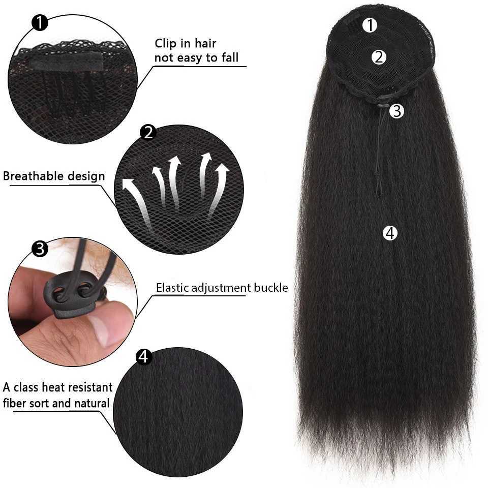 MyDiva Afro Long Straight Puff Ponytail Hair Extension Natural Synthetic Perm Yaki Hairpiece Drawstring Ponytails Elastic BandXJ241221