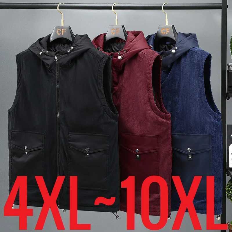 New Large Big Size Men Cotton Padded Vest Hooded Autumn Thermal Sleeveless Jacket Male Warm Corduroy Waistcoat Winter SweatshirtXJ241221
