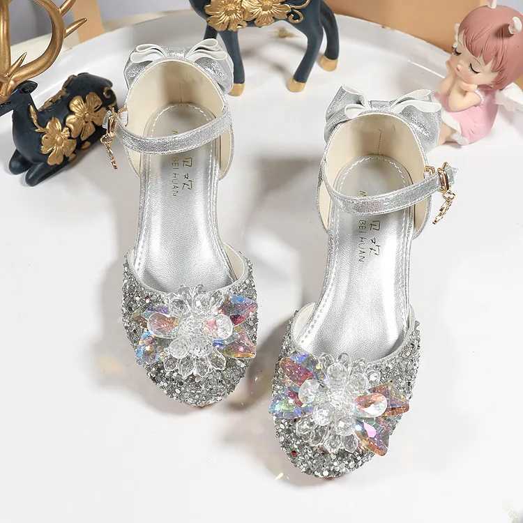 Sneakers Girls Princess Shoes Performance Crystal Shoes Summer Children High Heels Model Walking Show Performance Leather H241221