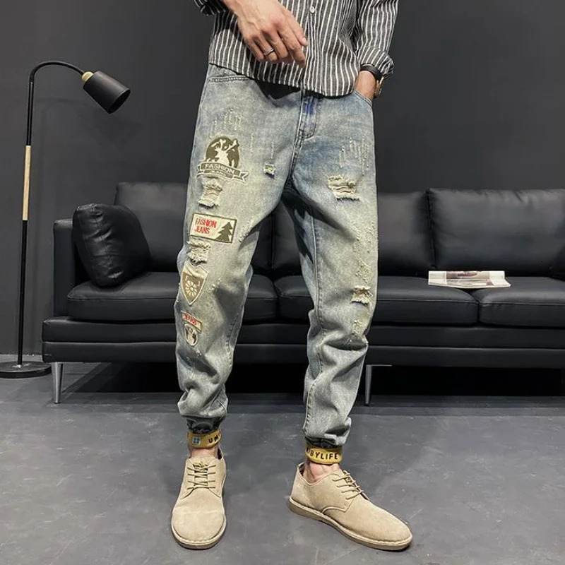 Male Cowboy Pants Torn Harem Ripped Jeans for Men Cargo Cropped Trousers with Holes Broken Classic Grunge Y2k Xs Regular Summer 241218