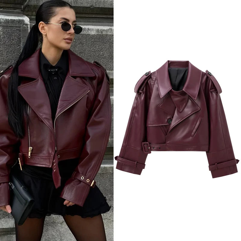 HXAO Leather Cropped Jacket Womens Bomber DemiSeason Outerwears Moto Biker Zipper Pu Streetwear Coat 241216