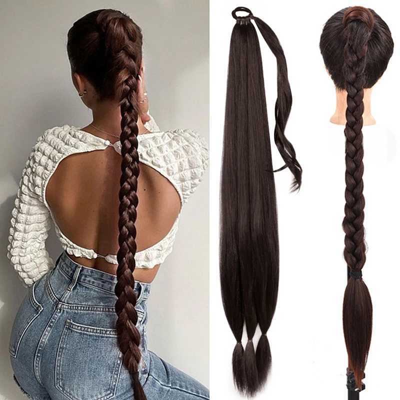 26/34inch Synthetic Long Braided Ponytail Hair Extensions Synthetic Boxing Braids Wrap Around gnon Tail With Rubber BandXJ241221