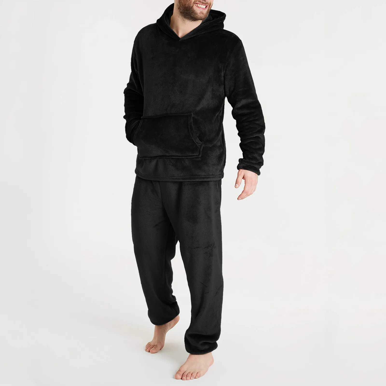 Winter mens wool casual long sleeved pajamas set coral velvet solid color pajamas mens plush thick hooded sweater W241221