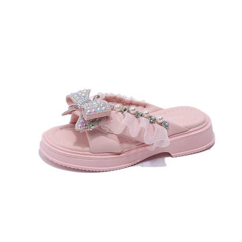 Slipper Summer Kids Slippers for Girls Fashion Rhinestone Bow Beach Shoes Soft Sole Anti Slip Crystal Princess Shoes Casual Sandals H241217