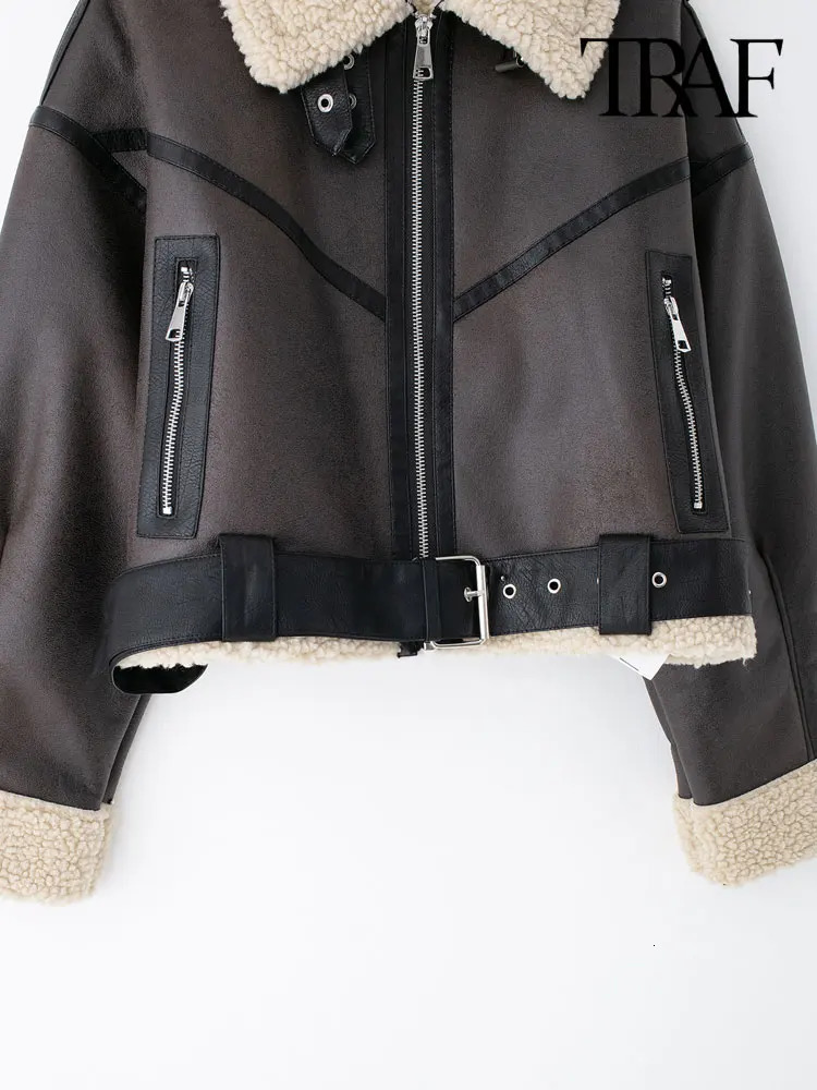 TRAF Winter Women Fashion With Belt Suede Lamb Leather Jacket Coats Faux Shearling Sheepskin Outerwear Chic Tops 241216