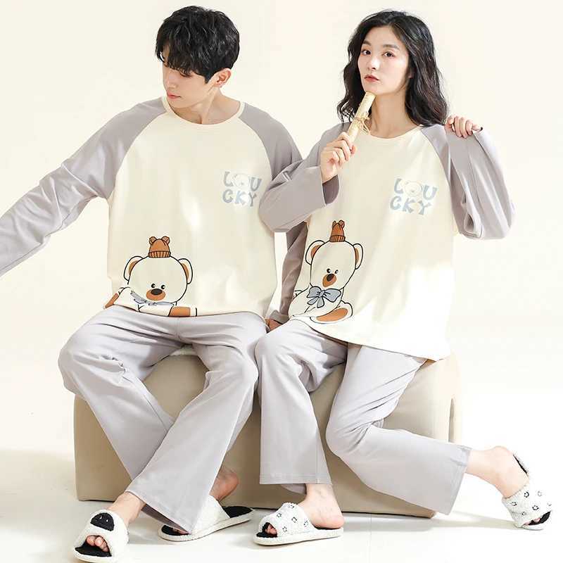 Autumn Cartoon Bear Womens Pajama Set Couples Pajama Korean Pajama Long Sleeve Cotton Pajama W241221