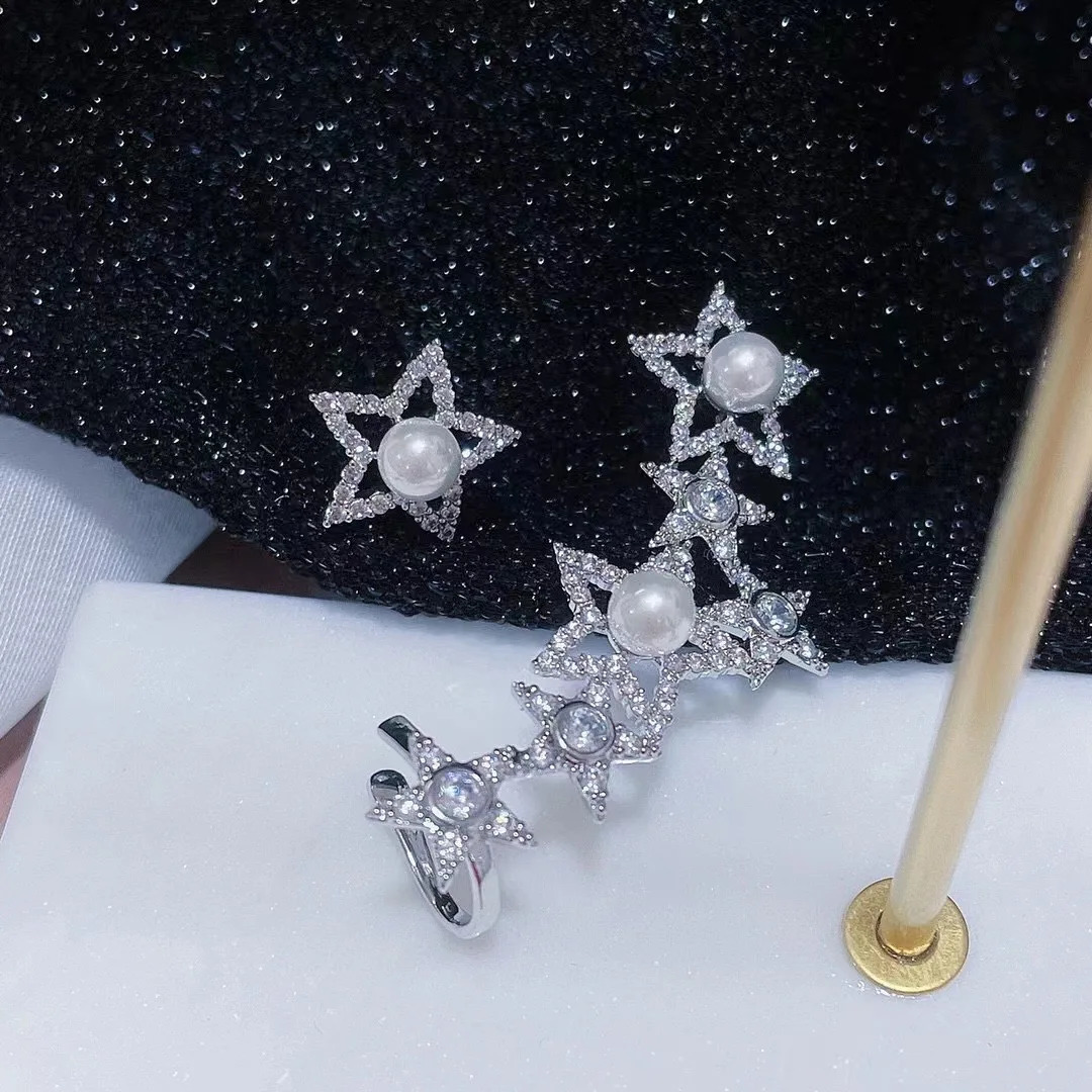 Fashion Ladys Pentagram Star Ear Sweep Wrap Cuff Earrings Bridal Jewelry Paved Cubic Zirconia Jewelry Climber Pearl Earrings 241220