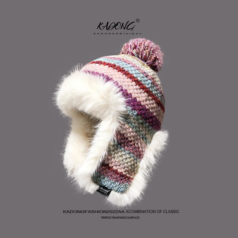 Japanese plush plain weave mens and womens Lei Feng hats imitating rabbit fur for warmth and ear protection knitted Russian hats 241220