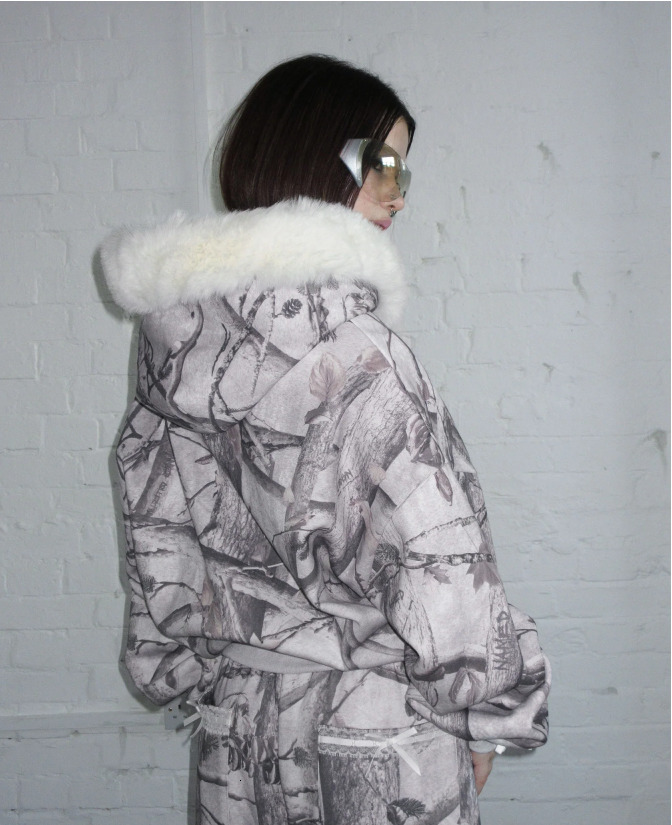 New Winter Leaf Camouflage Print Fur Collar Cardigan Jacket Y2k High Street Haruku Warm Casual Loose Hooded Couple Sweatshirt