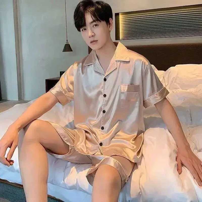 Pajama color set Solid mens home shorts Thin silk mens shirt+shorts Ice summer set Pajama casual 2-piece satin sleeves W241221