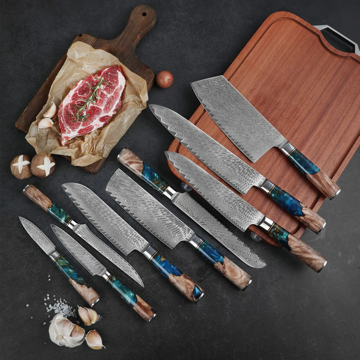Kitchen Knife Set Damascus Steel VG10 Chef Knife Chop Side Dishes Bread Knife Blue Resin and Colorful Wood Handle 1-8 Piece Set 241220