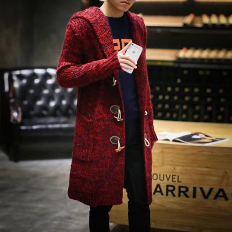 Cardigan Sweater Mens Autumn Winter Mid-length Windbreaker Casual Large Size Hooded Knitted Horn Button Jacket Sweaters 241220