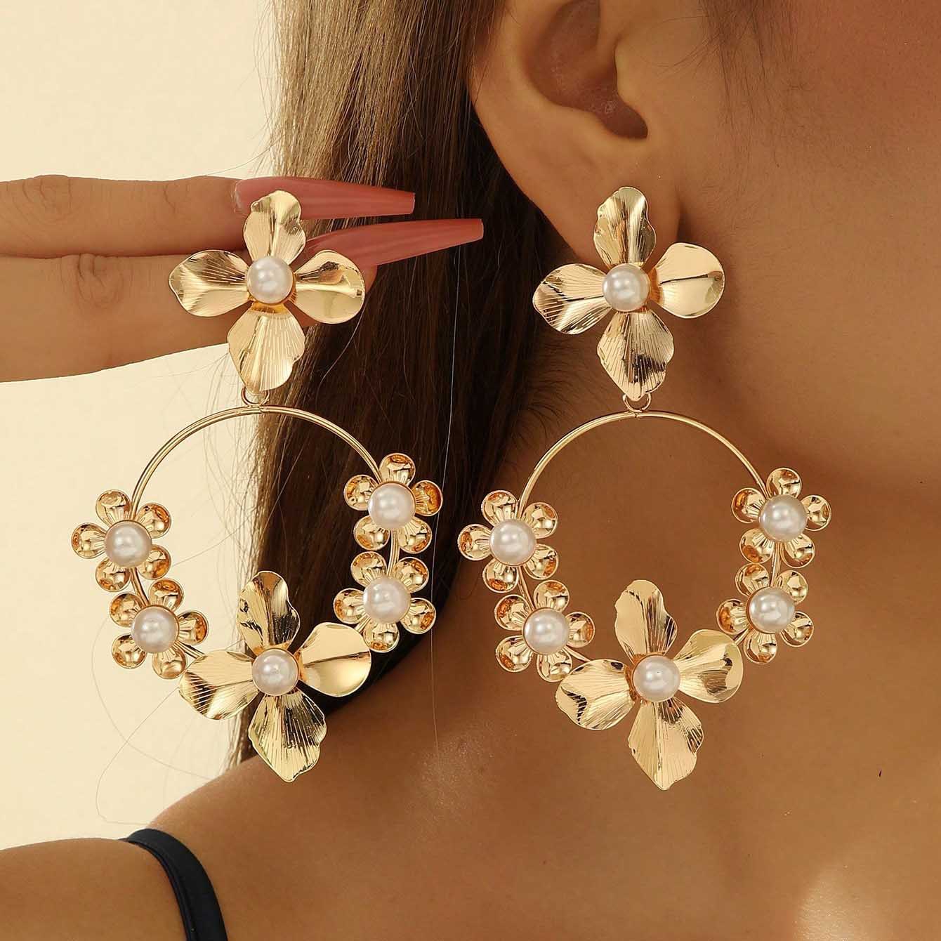 Women's Trendy Long-Length Floral Drop Earrings with Pearls and Crystals