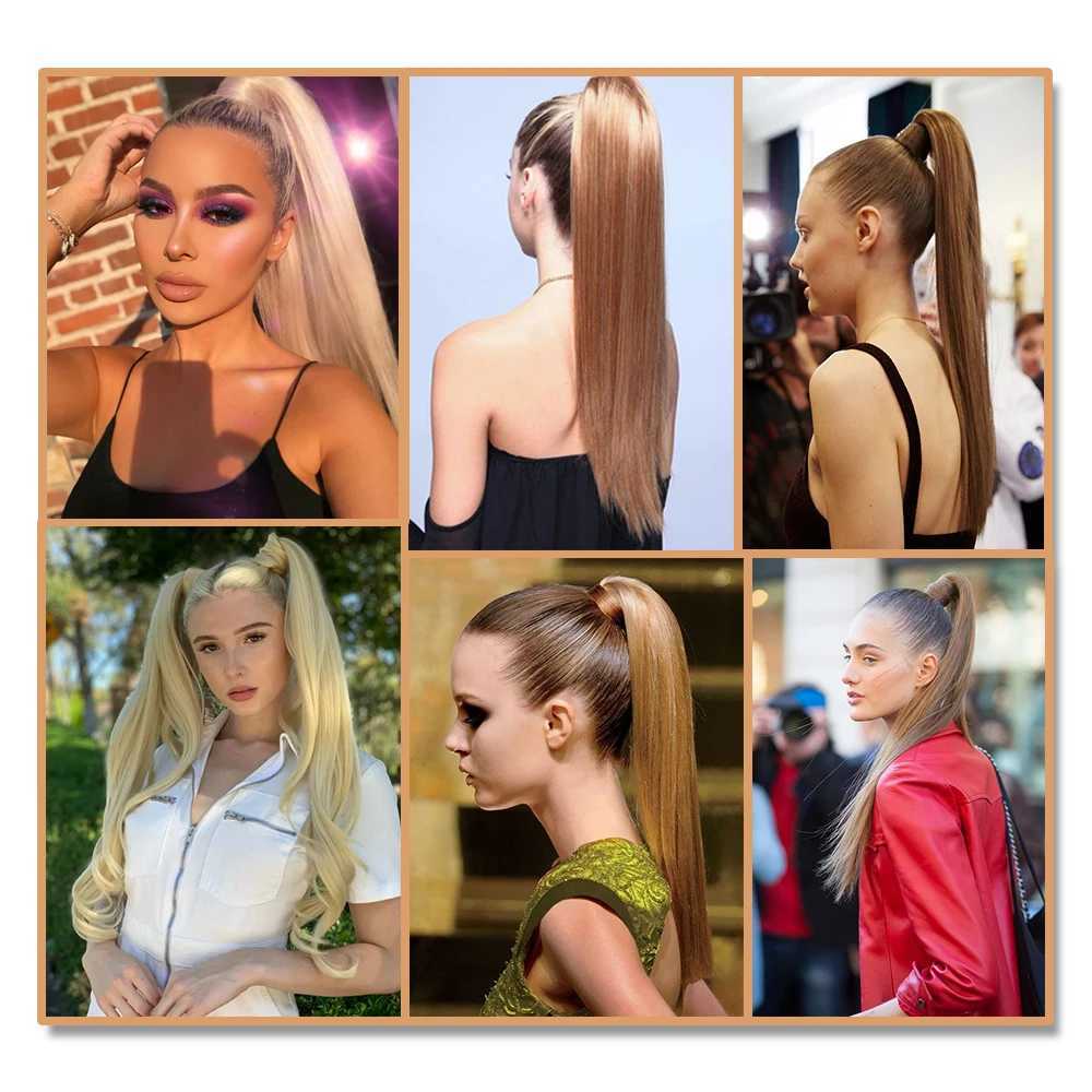 My-Diva Synthetic Long Straight Ponytail Clip In Hair Extensions 22 34 Wrap Around Heat Resistant Pony Hairpiece For WomenXJ241221
