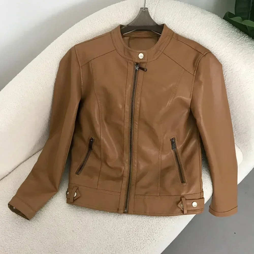 Faux Leather Jacket Women PU Spring Autumn Style Round Neck Casual Fashion Versatile Trendy Motorcycle 241216