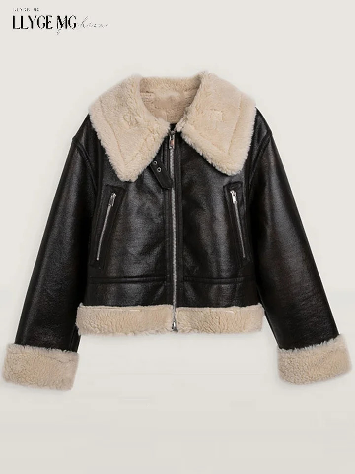 Casual Bomber Jacket Women Lapel Loose Faux Leather Lamb Wool Overcoat Woman Full Sleeve Zipper Patchwork Warm Coat Lady Vintage 241216