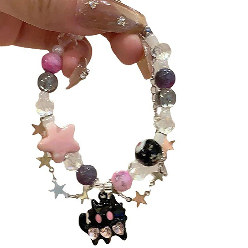 Black Cat Heart Rhinestone Pentagram Star Beads Bracelet For Women Aesthetic Sweet Cool Trendy Jewelry Korean Fashion Gift 241214