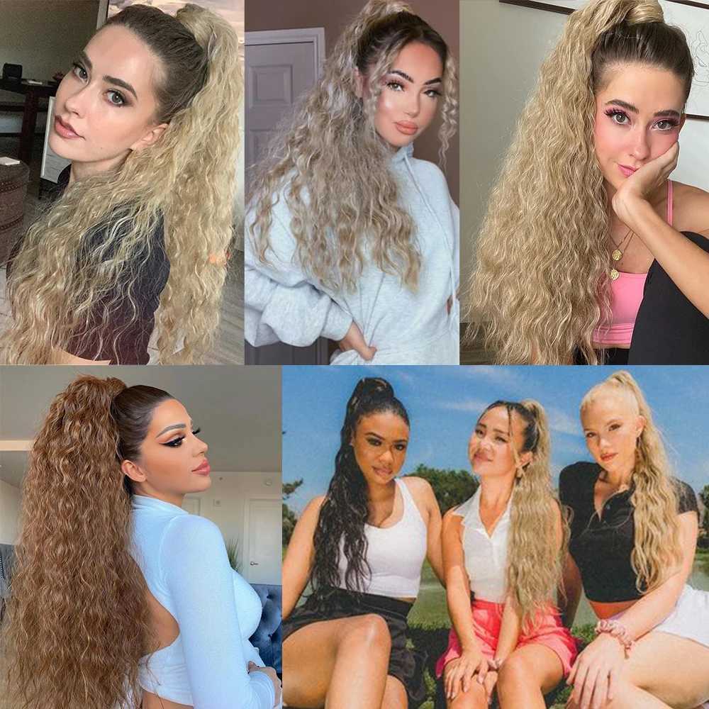 Synthetic Long Corn Wavy Ponytail Hairpiece 55 85cm Wrap Around Hair Clip in Black Ombre Blonde Hair Extensions Pony TailXJ241221