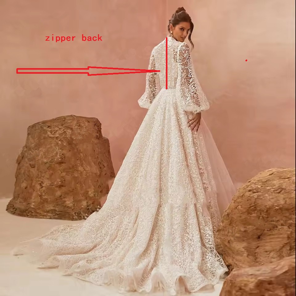 Exquisite Boho A Line Wedding Dresses Lace Appliques Bride Gowns Long Puff Sleeves High Neck Vestido Novia Boda Customized