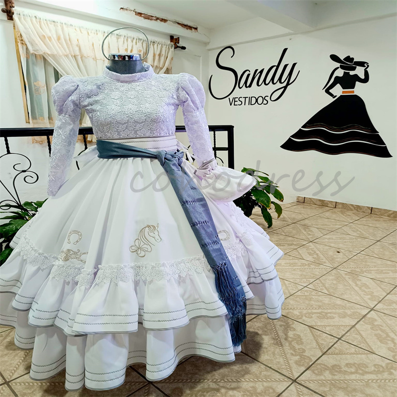 Mexican Princess Flower Girls Dress A Line Long Sleeve Lace Birthday Dress Mariachi Kid Embroidery Pageant Party Gown First Holy Communion Dress Caram