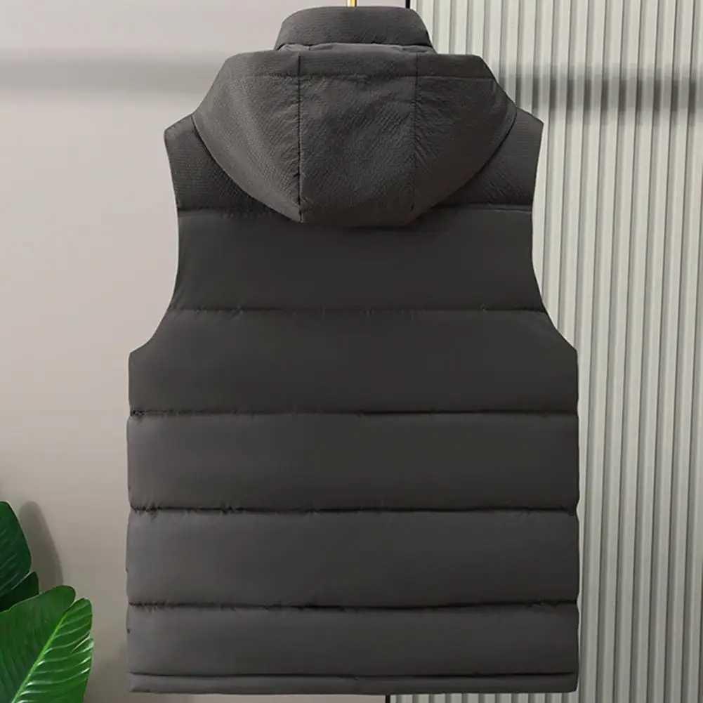 Autumn Winter Men Waistcoat Thick Padded Hooded Solid Color Sleeveless Cardigan Vest Windproof Pockets Drawstring Men Vest CoatXJ241221
