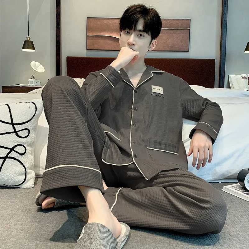 3XL Plus size mens sleepwear Korean spring cotton plain weave long sleeved home wear sleepwear 2-piece set soft open collar casual wear W241221
