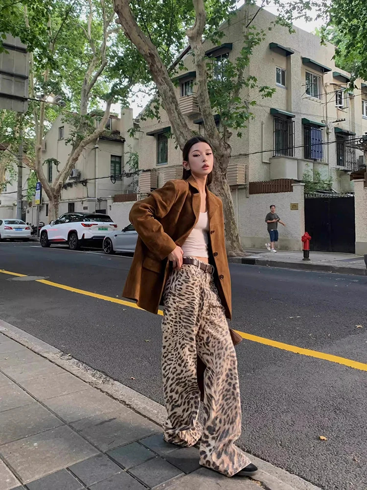 WCFCX STUDIO Leopard Print Womens Jeans High Waist Vintage Hip Hop Casual Straight Pants Streetwear Wide Leg Denim Trouser 241220