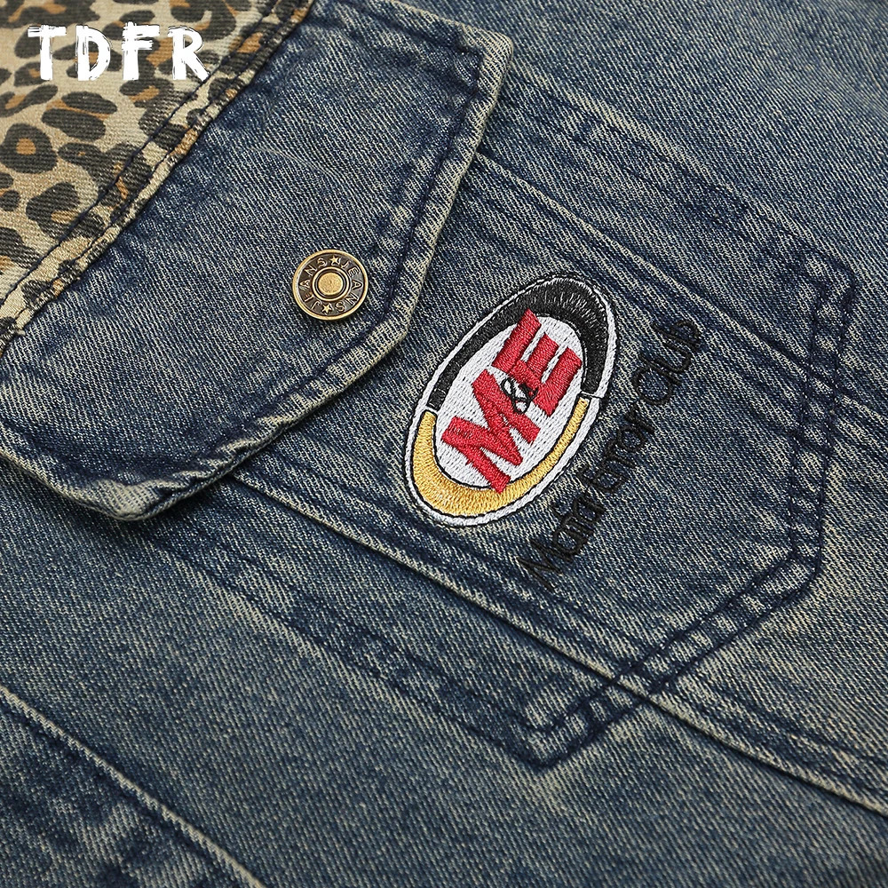 Leopard Print Spliced Denim Jacket Mens Retro Casual Streetwear Autumn Single Breasted Loose Lapel Long Sleeve Jeans Jacket Men 241217
