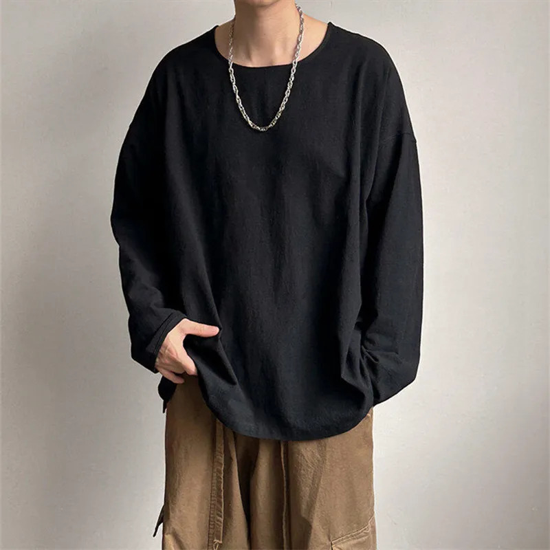 Spring Autumn Round Neck Loose TShirt Men Cotton Linen Long Sleeve Casual Male Tshirt Comfortable Breathable Hip Hop Tees Tops 241217