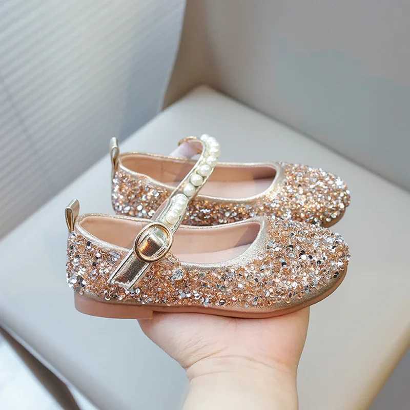 Sneakers Girls Sandals Gold Sequins Pearls Princess Shoes Dance Kids Shoes Pink Non-Slip Lightweight Silver Kids Crystal Shoes Sandals H241221