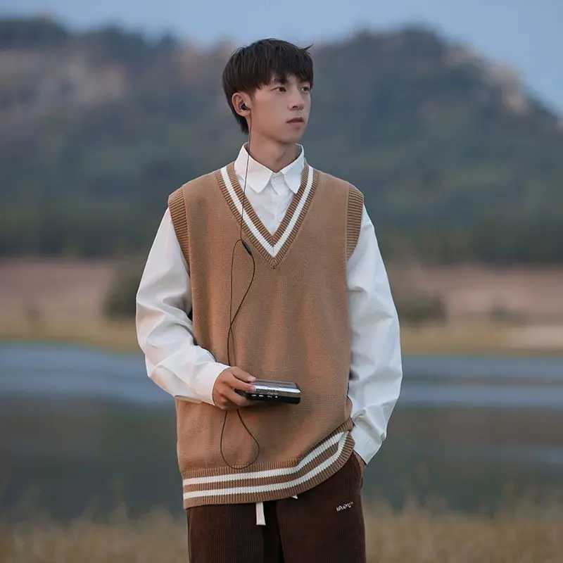 Sleeveless Sweater Vest Men V-neck Patchwork Loose Preppy Students Classic Spring Knitted Jumper Korean Fashion Retro Y145XJ241221