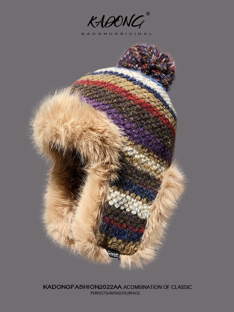 Japanese plush plain weave mens and womens Lei Feng hats imitating rabbit fur for warmth and ear protection knitted Russian hats 241220