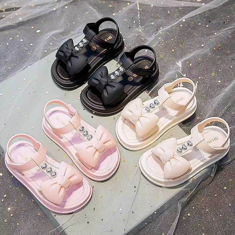 Sneakers Girls Open Toe Breathable Solid Color Sandals With Bowknot Decor Comfy Non Slip Chunky Beach Water Shoes Kids Indoor Footwea H241221