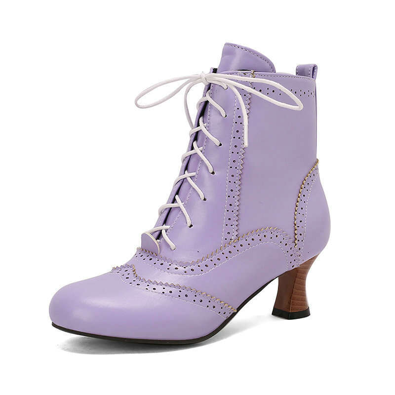 British Style Women's Short With Burnt Flower Hollow Round Head, Thick Heel, High Heels, Front Tie And Ankle, Fashionable Martin Boots