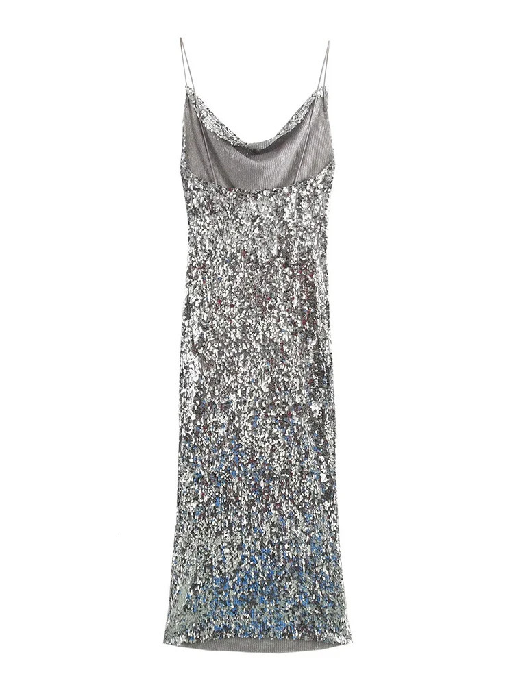 TRAF Womens Elegant Padded Sequin Dress Shine Sleeveless Long Dresses Evening Woman Clothing 241216