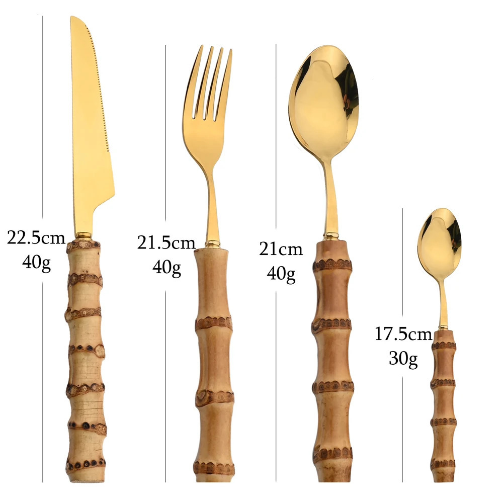 AJOYOU Gold Tableware Set 16/24 Kitchen Mirror Stainless Steel Tableware with Bamboo Handle Knife Fork Spoon 241220