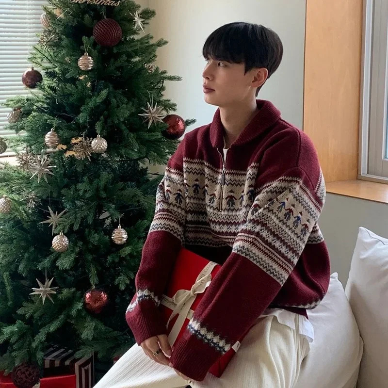 WInter Fair Isle Half Zip Polo Neck Sweaters For Men Y2K Vintage Christmas Knitted Pullovers Red Knitwear Man 241220
