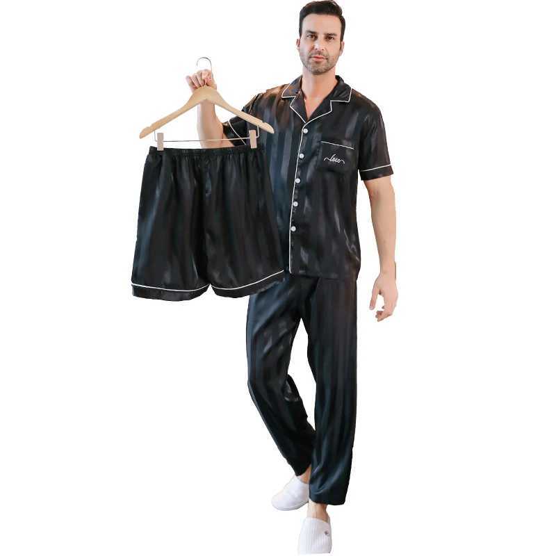 3-piece set of combination pajamas mens short sleeved pants ice silk summer stripes embroidered pajamas W241221