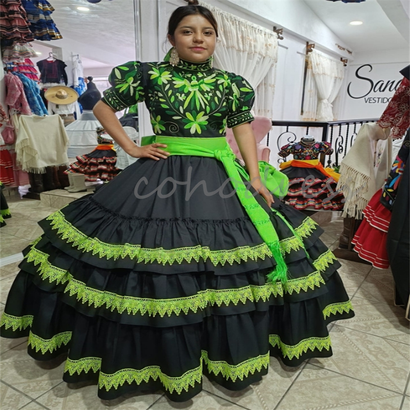 Mexican Black And Green Quinceanera Dresses Short Sleeve Charro Embroider Birthday Party Gown With Bow Vestidos De 15 Anos Xv Debutante Halloween Cosp
