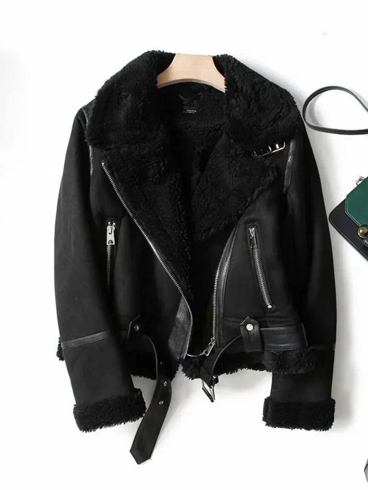 Winter Faux Leather Jacket Women Punk Suede Fur Coat Biker Motorcycle Warm Black Outerwear ED1838 241216