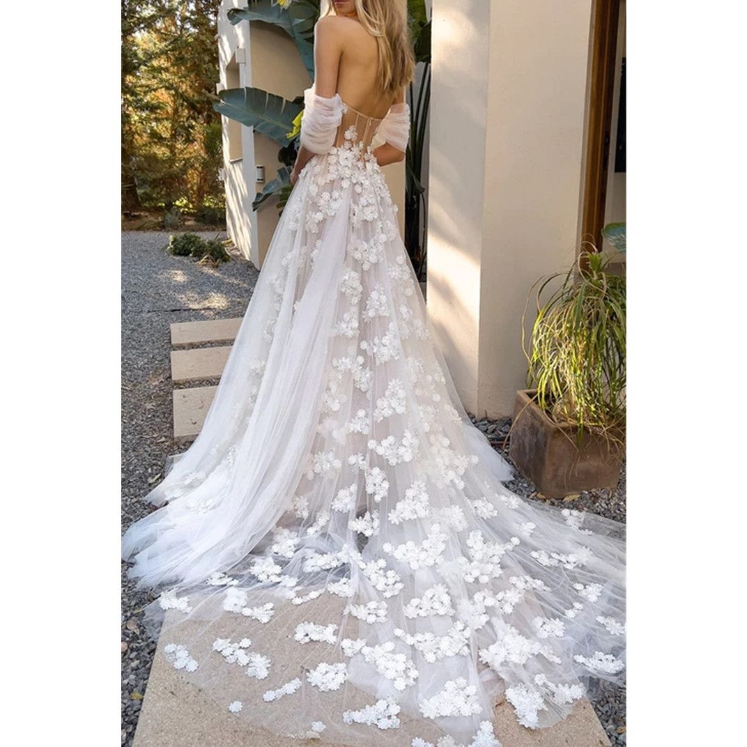 Off The Shoulder Floral Lace Wedding Dresses Beach Women Illusion Back Appliques V-Neck A-Line Bridal Gowns Tulle Vestido De Novia
