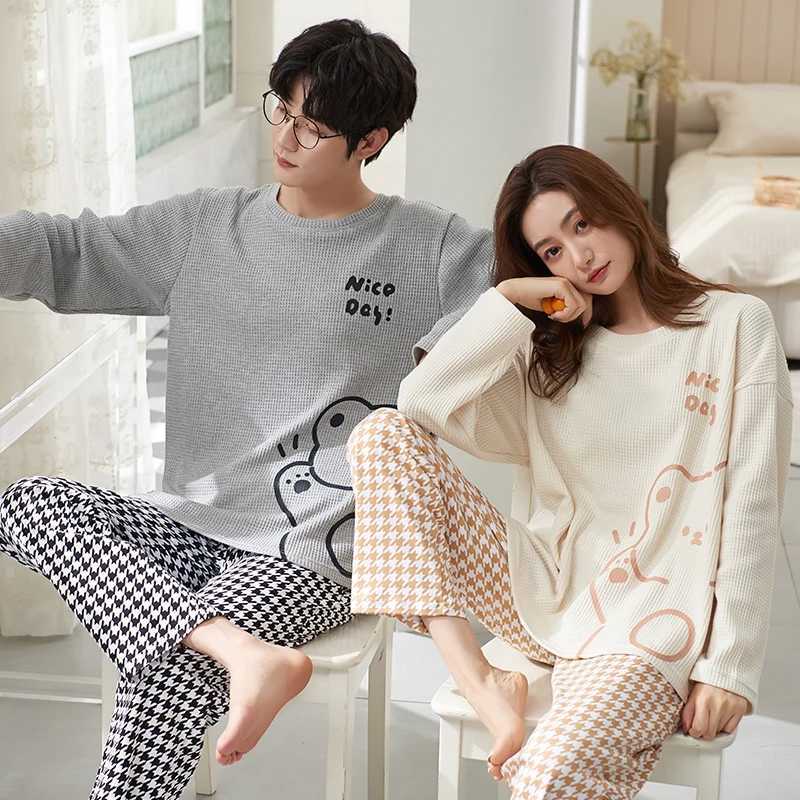 Autumn couple pajamas set cartoon mens pajamas casual cotton plus size long sleeved womens pajamas unprinted good quality slippers W241221