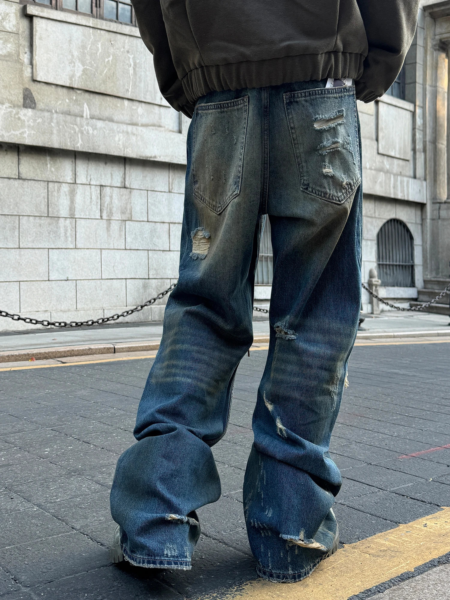 Uncledonjm Vintage Blue Yellow Mud Washed Ripped Jeans Street Wear Men Damaged Fringed 241218