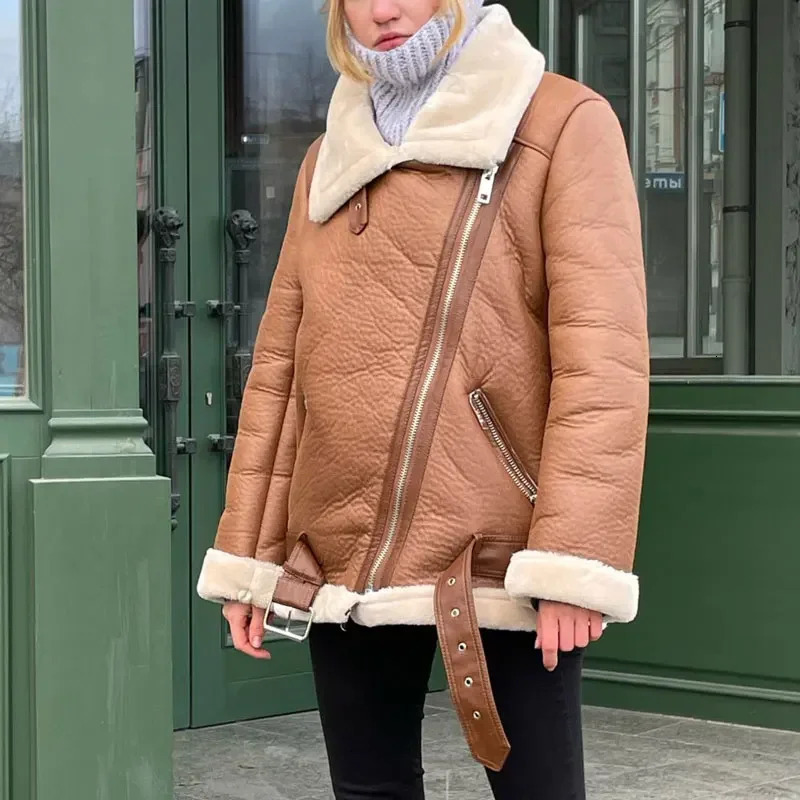 Elegant Women Faux Lamb Wool Fur Leather Jacket Winter Fashion Lady Sashes Black Outerwear Streetwear Female Zipper Suits 241216