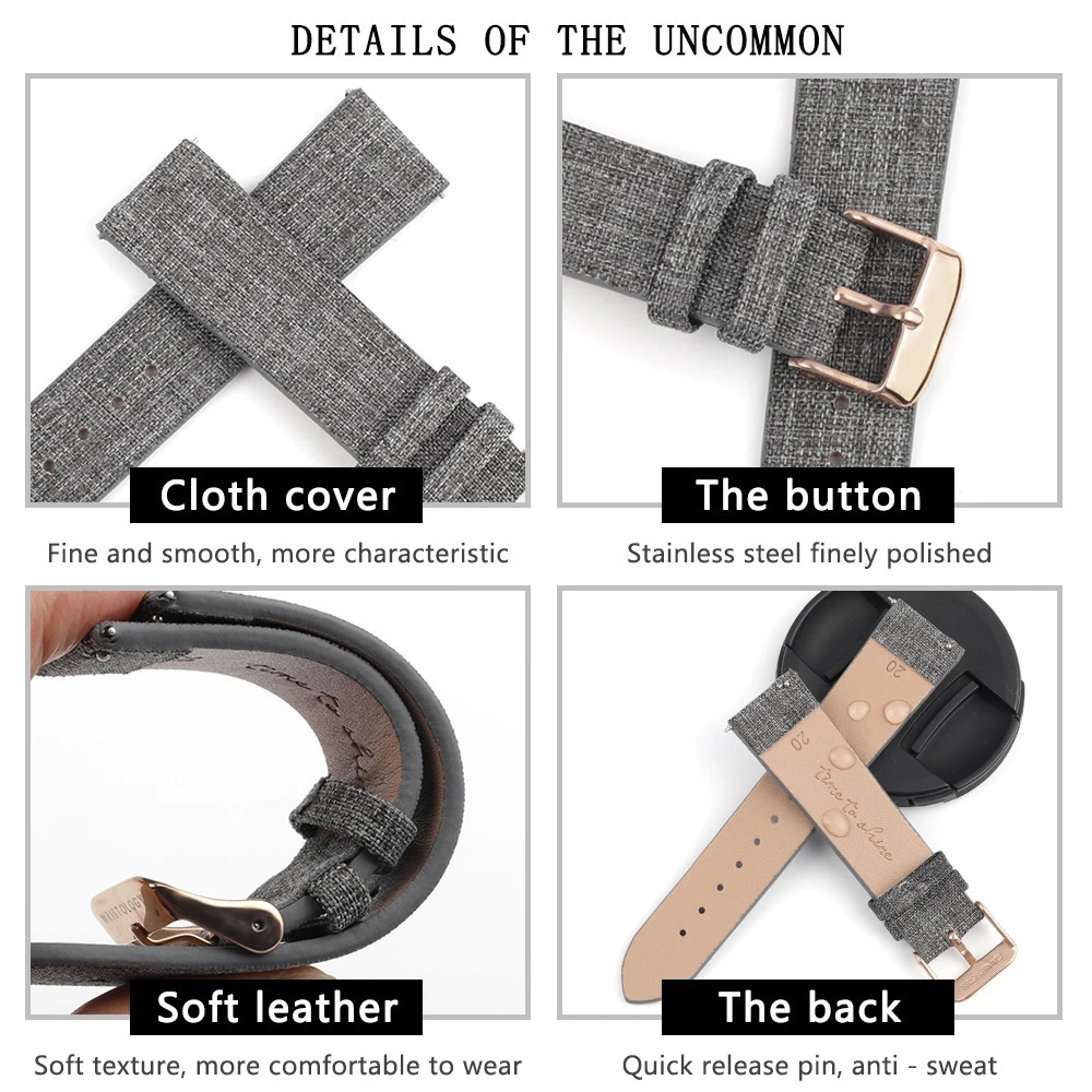 Nylon Canvas Fabric Watch Gray Cow Leather Watch Strap Band 16mm 20mm Wristwatch Accessories for Women Men Watch 241220