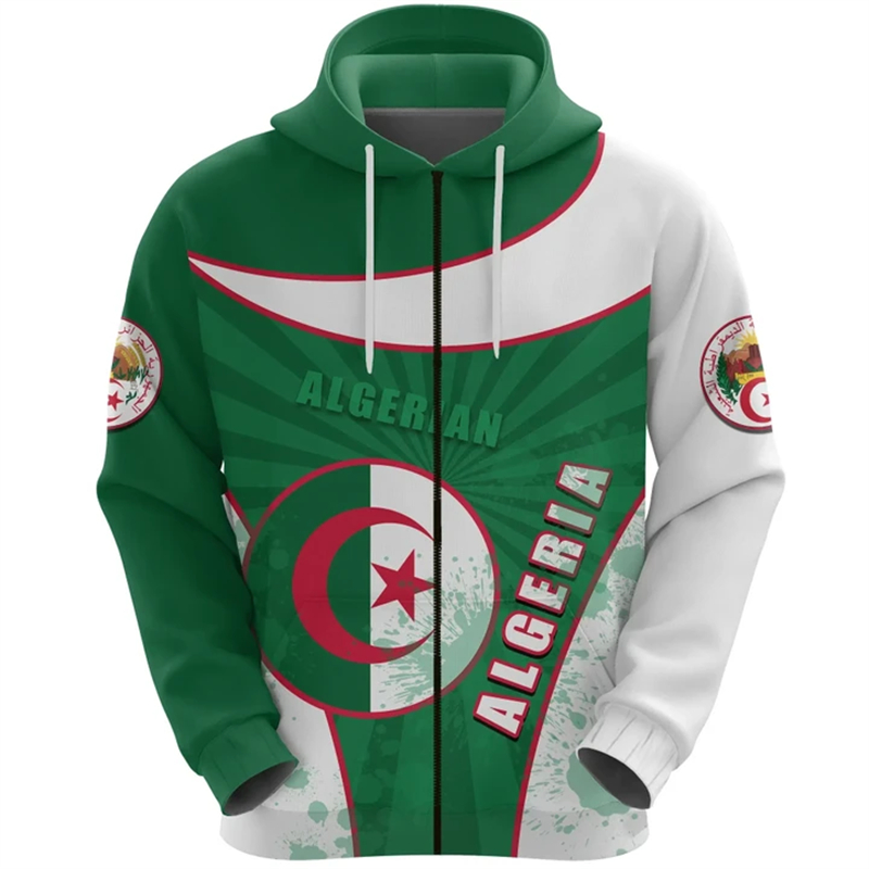 Algeria Flag Map Graphic Sweatshirts DZ Algerian National Emblem Zip Up Hoodie For Men Clothes Casual Male Sports Kids Pullovers