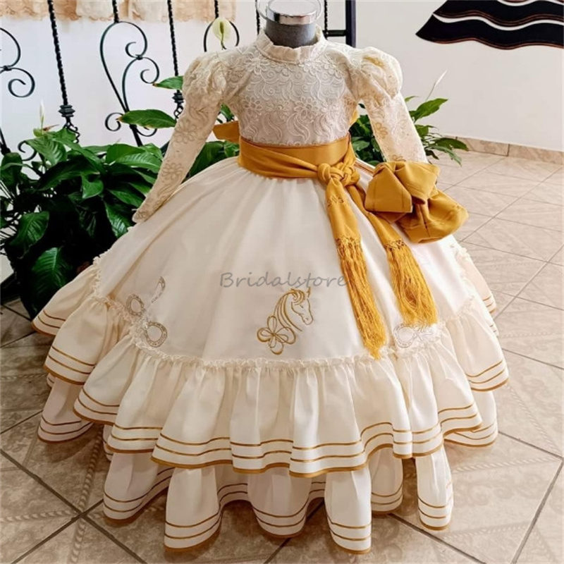 Mexican Theme Flower Girls Dress Embroidery Princess Long Sleeve Mariachi Kid Pageant Party Lace First Holy Communion Caramuza 2025 Toddle Birthday Ha